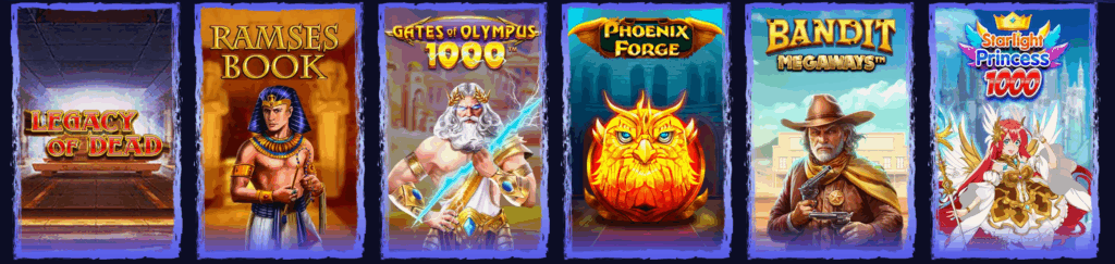 Auswahl beliebter Spielautomaten bei Spinight: Legacy of Dead, Ramses Book, Gates of Olympus 1000, Phoenix Forge, Bandit Megaways und Starlight Princess 1000