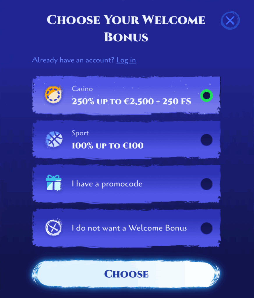 Auswahl des Willkommensbonus bei Spinight – Casino-Bonus, Sportbonus, Promocode oder kein Bonus