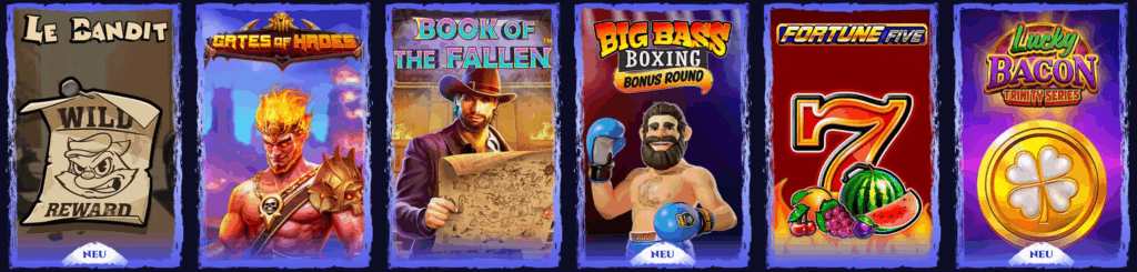 Neue und beliebte Slots bei Spinight: Le Bandit, Gates of Hades, Book of the Fallen, Big Bass Boxing, Fortune Five und Lucky Bacon Trinity Series