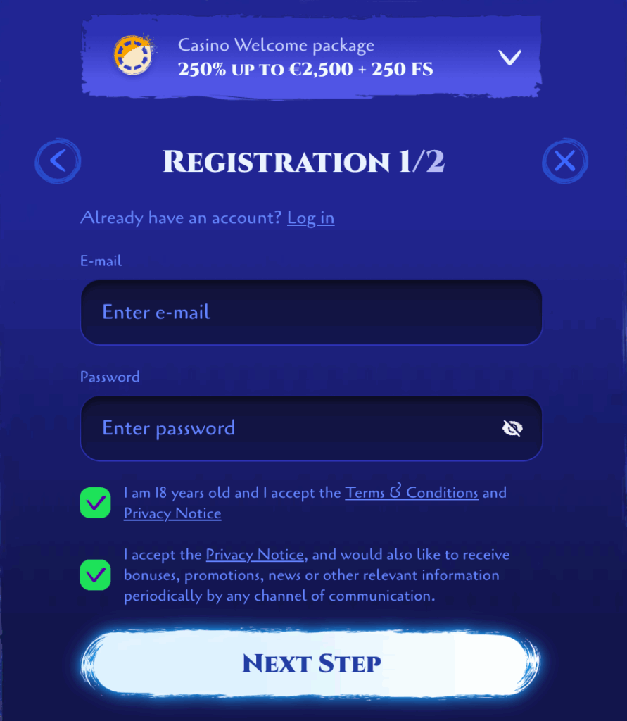 Spinight Registrierung Schritt 1 – E-Mail, Passwort und Zustimmung zu Nutzungsbedingungen und Datenschutz