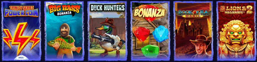 Top-Slotspiele bei Spinight: Power Coin, Big Bass Bonanza, Duck Hunters, Bonanza, Book of Ra Magic und 5 Lions Megaways 2