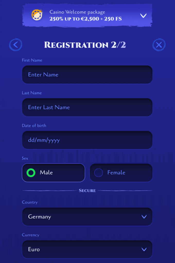 Spinight Registrierung Schritt 2 – Persönliche Daten, Geschlecht, Land und Währung eingeben